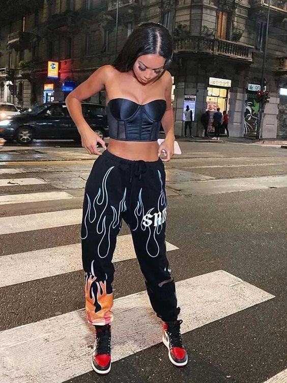 Black Corset Top with Flame Print Joggers